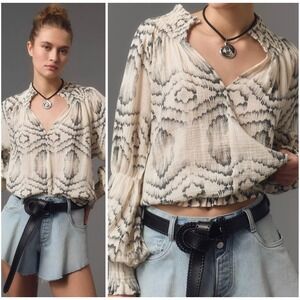 Porridge Clothing Cream Black Ikat Smocked V-Neck Blouse Medium Balloon Sleeve